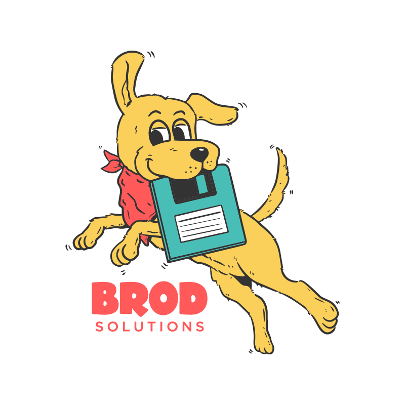 Brod Solutions Dog Link jumping into air with floppy disk