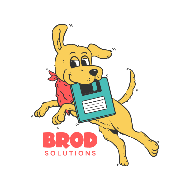 Brod Solutions Dog Link jumping into air with floppy disk