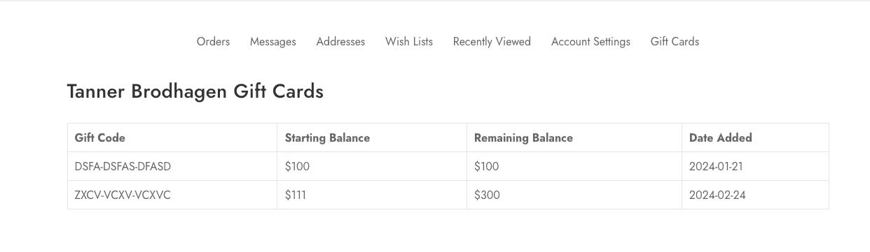Gift Cards showing on BigCommerce Customer account pages — after